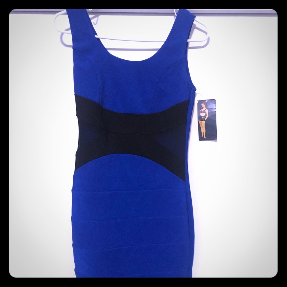 Black and blue bodycon mesh cutout dress